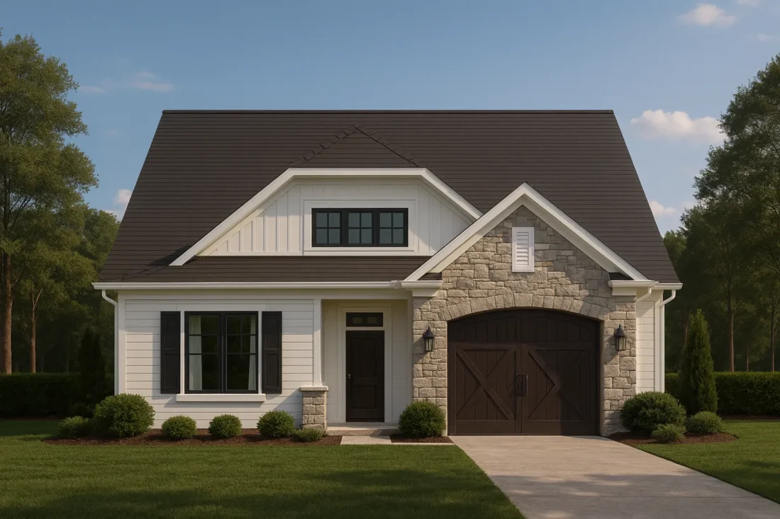Front elevation of a Traditional Craftsman style home featuring stone façade, horizontal siding, shake gable accents, and a single-car garage with wood doors