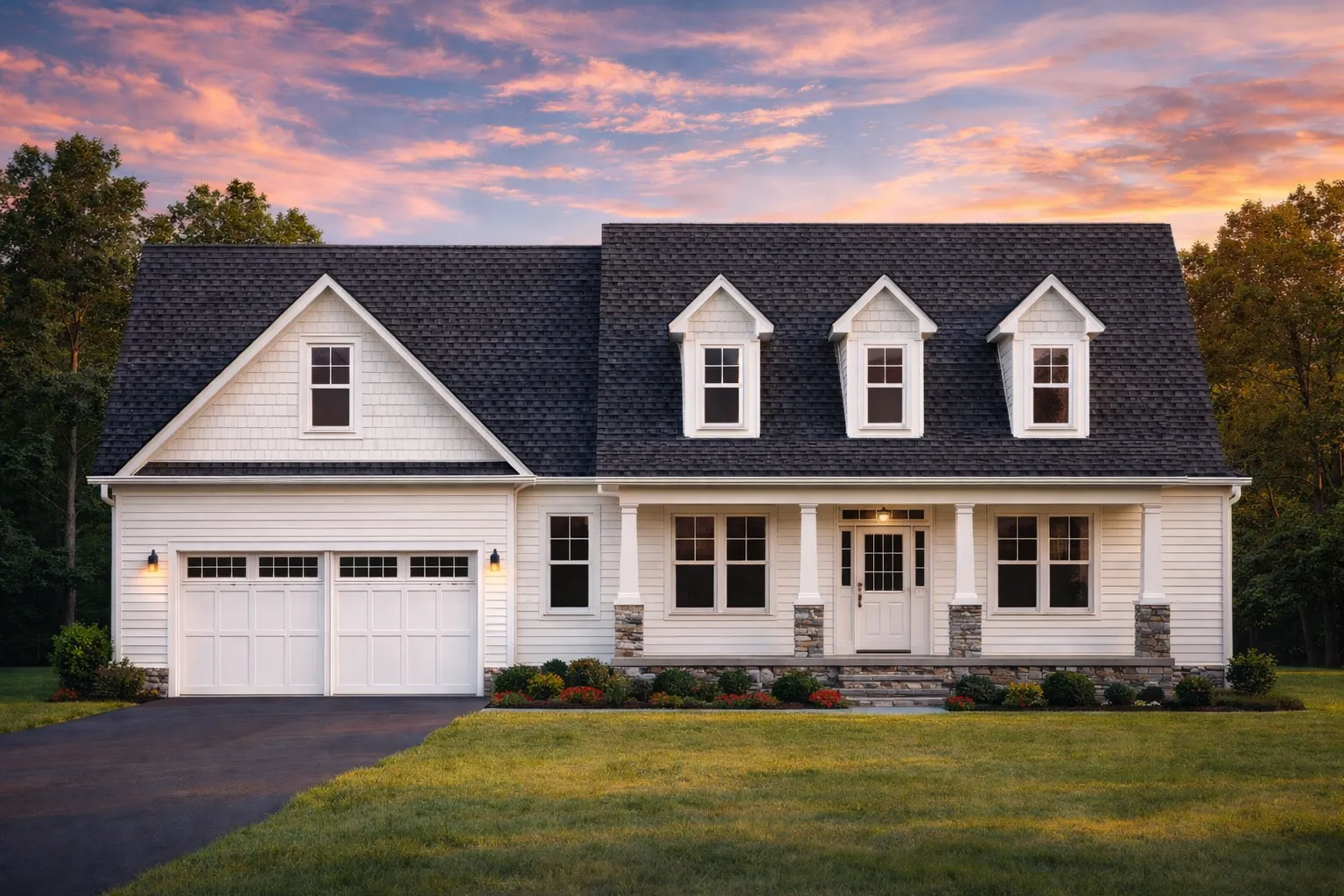 Front exterior view of a Cape Cod Colonial style home with white clapboard siding, dormer windows, gabled roof, and attached garage