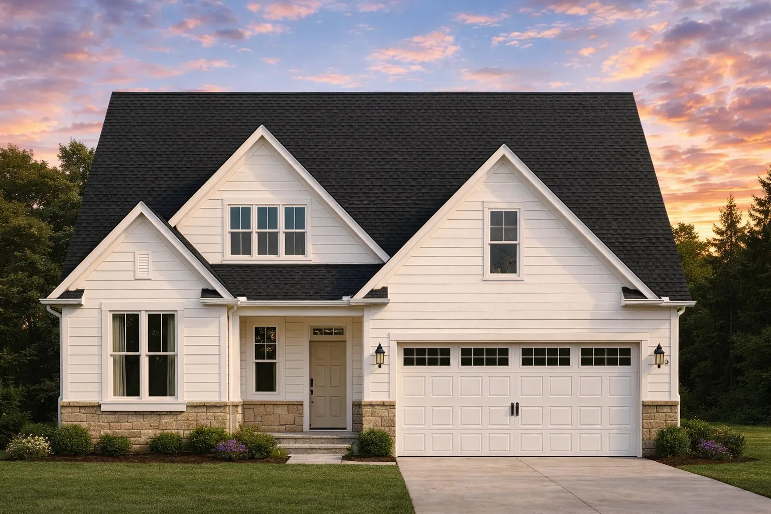Front elevation of a Modern Farmhouse with white lap siding, steep gables, covered entry porch, and a two-car garage with carriage-style doors