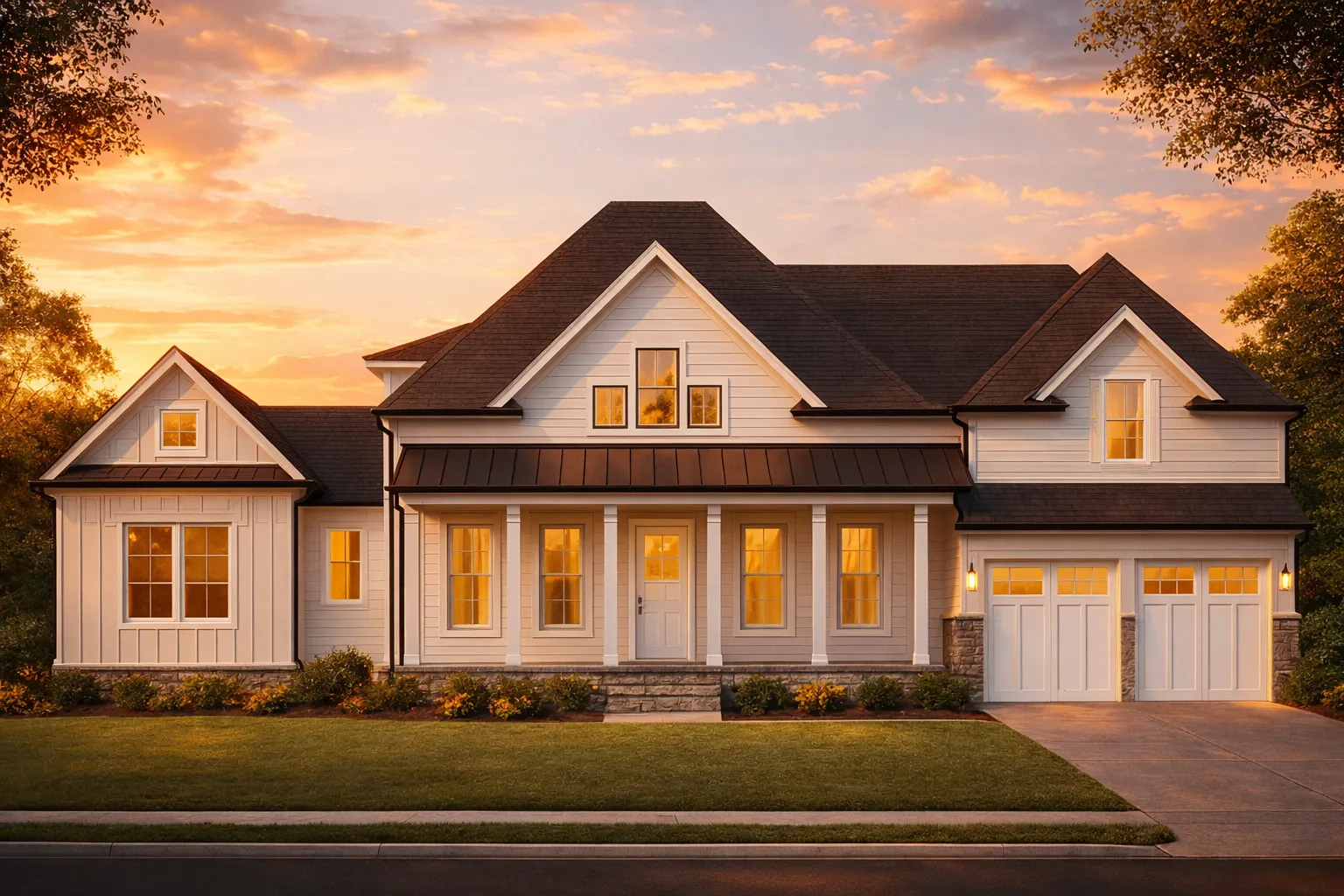 Front elevation of a New American modern farmhouse home featuring board and batten siding, covered front porch, and attached garage