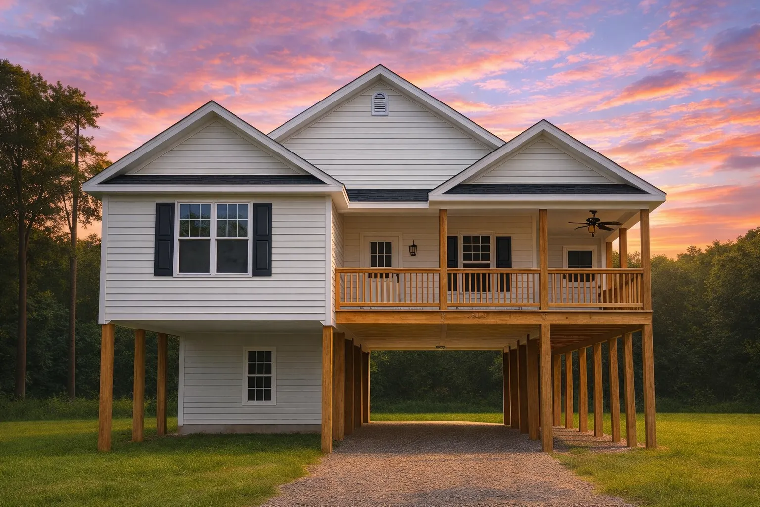 Front exterior of a raised Coastal Low Country style home with horizontal siding, elevated foundation, and wide covered porch