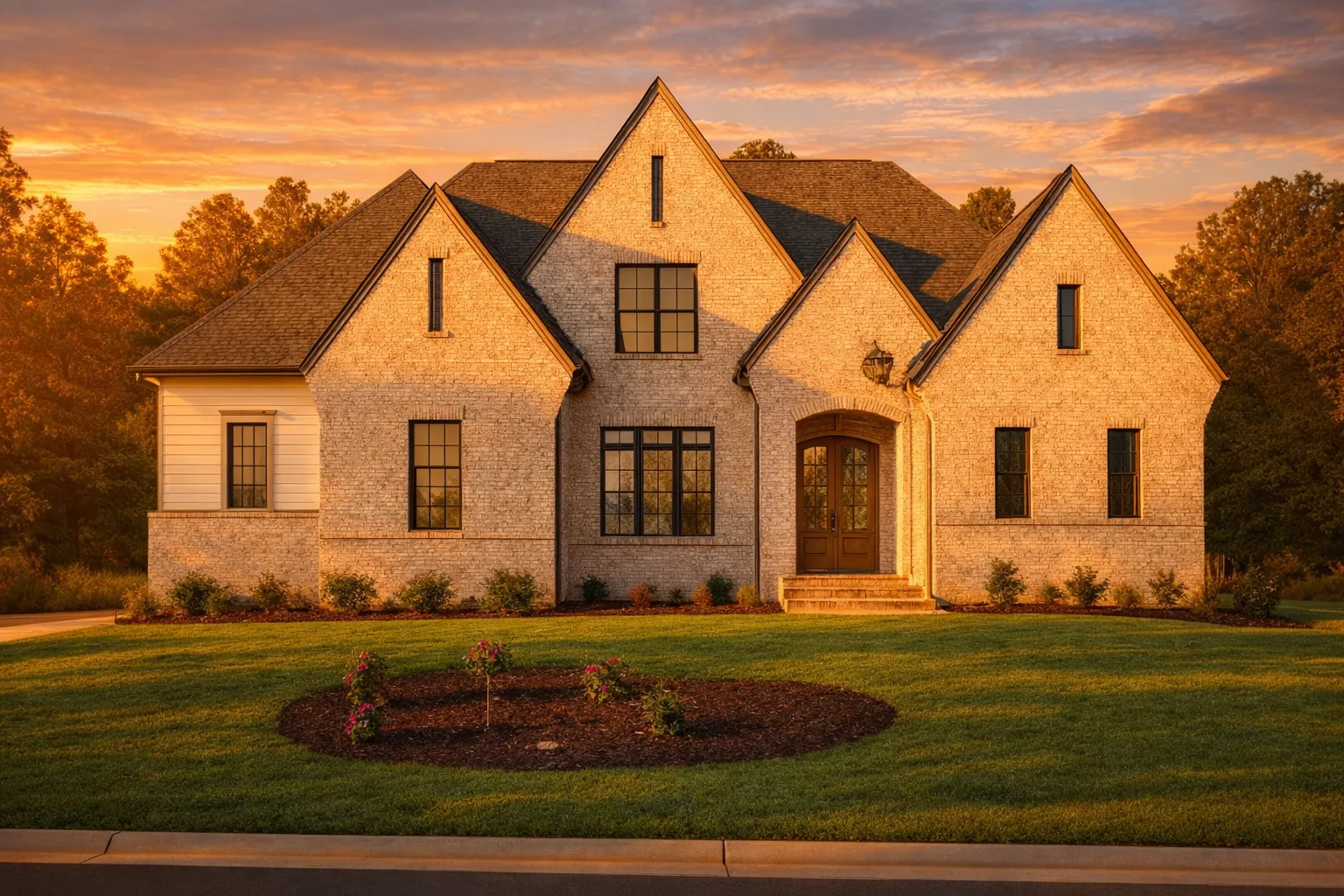 Log Cabin House Plans 7 Front elevation of a New American style home with light brick exterior, steep gables, black windows, and balanced modern traditional architecture