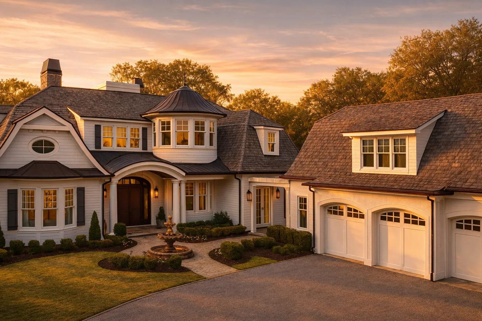 Front view of a Shingle Style Coastal home featuring classic shingle siding, natural wood roofing, arched dormers, white trim, and symmetrical architecture