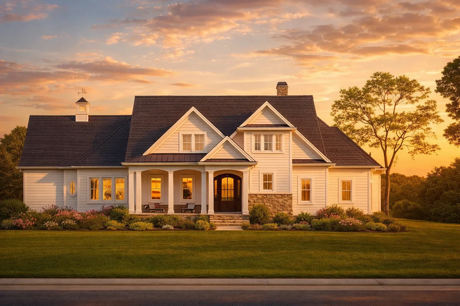 House Plans with Jack and Jill Bathroom 15 Front exterior view of a New American Traditional style home with light siding, brick accents, steep gabled rooflines, and a centered covered entry