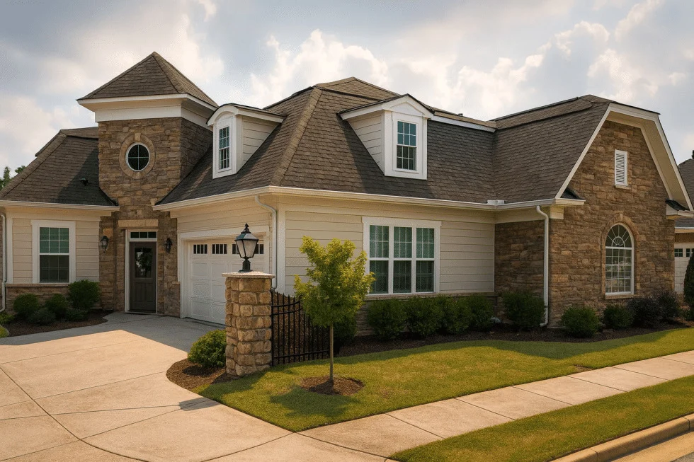 Front elevation of Traditional brick suburban home with lap siding, shake accents, gabled rooflines, and arched window detailing