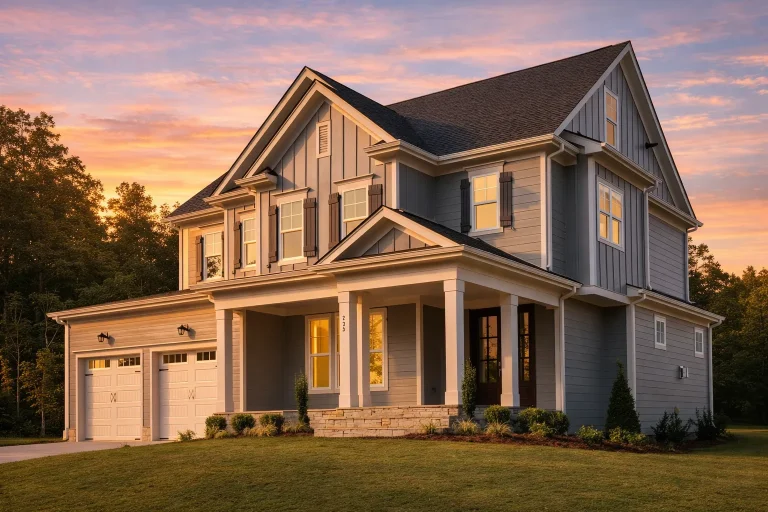 Foyer House Plans 5 Front elevation of a New American style two-story house featuring board and batten siding, lap siding, symmetrical windows, and a covered front porch