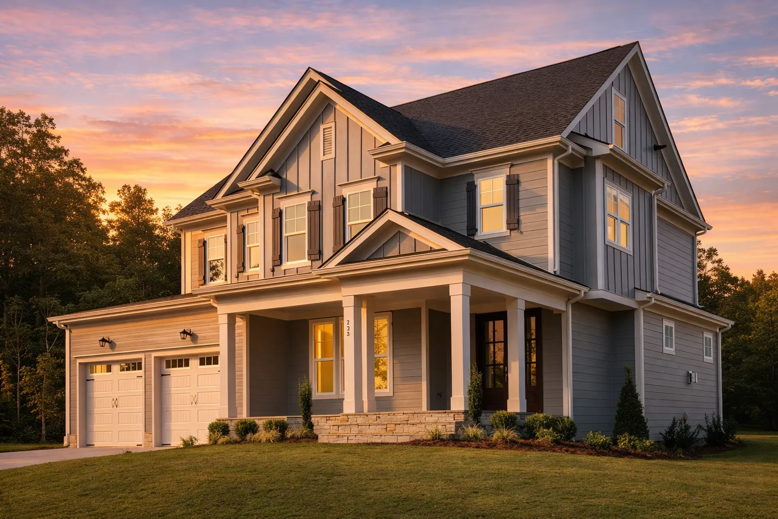 Front elevation of a New American style two-story house featuring board and batten siding, lap siding, symmetrical windows, and a covered front porch