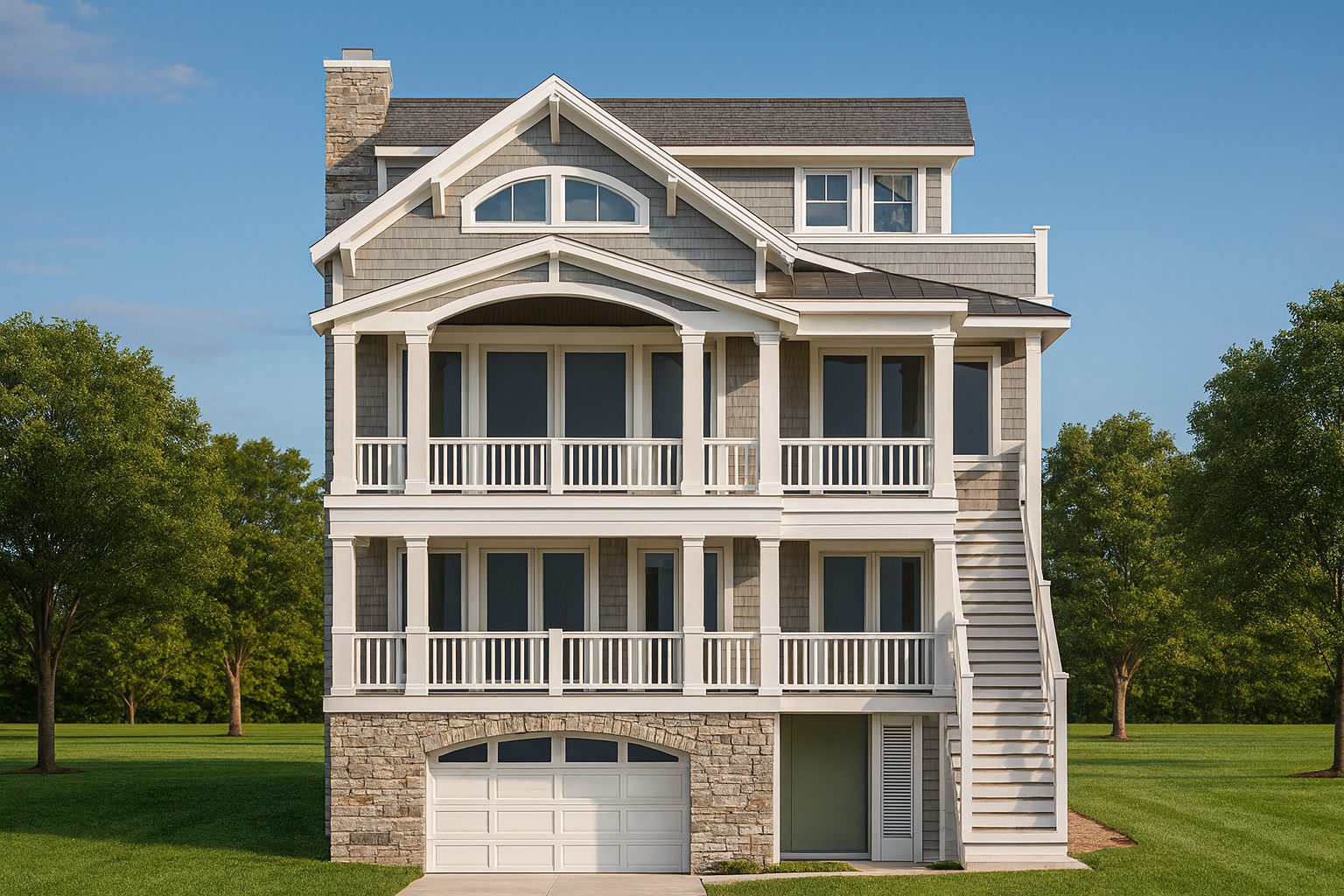 Front elevation of a Coastal Shingle Style home featuring horizontal siding, stone accents, double porches, and traditional Craftsman detailing