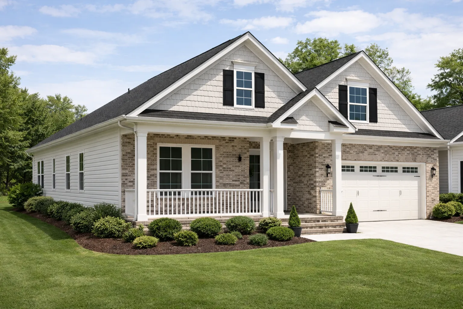 Traditional Craftsman cottage-style brick home with front porch and gable roof design.