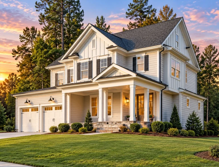 Front elevation of a New American style two-story house featuring board and batten siding, lap siding, symmetrical windows, and a covered front porch