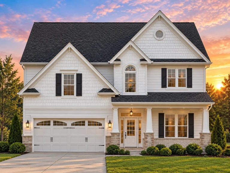 Front exterior of a New American style two-story house with horizontal siding, gabled roof, shutters, and attached garage