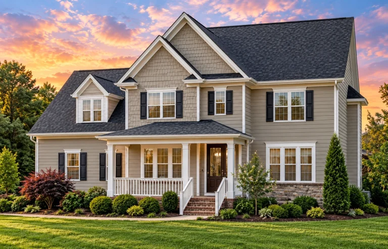 Front view of a two-story Traditional Colonial home with tan horizontal lap siding, black shutters, white trim, and a welcoming covered porch entrance