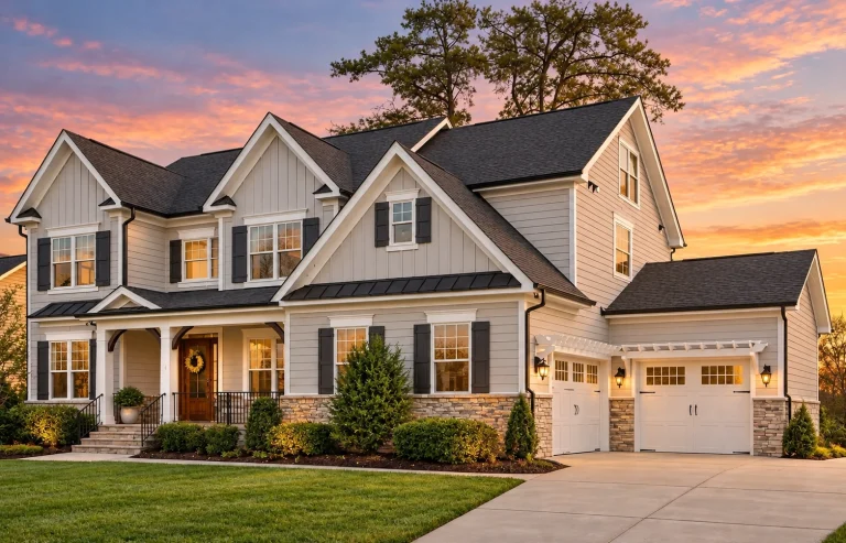 Front elevation of a New American modern farmhouse style home with board and batten siding, stone accents, black shutters, and a covered front porch