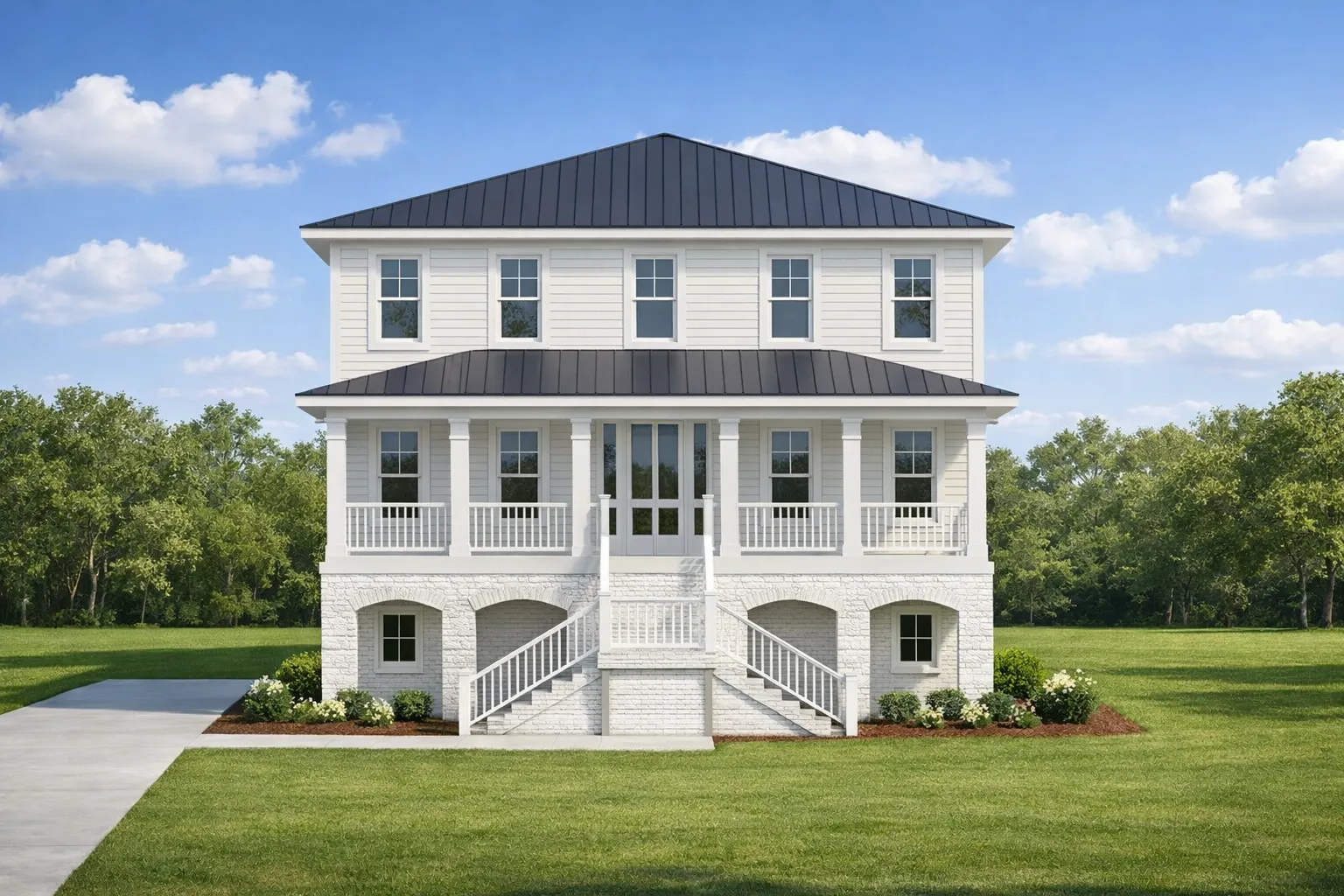 Front elevation of Low Country Coastal Colonial house with raised brick base, lap siding, double front porches, and metal roof