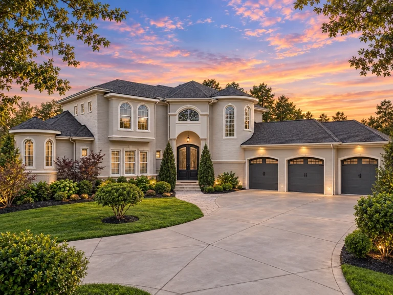 Front exterior of a luxury Neo-Classical style home featuring smooth stucco walls, arched windows, symmetrical façade, and a three-car garage
