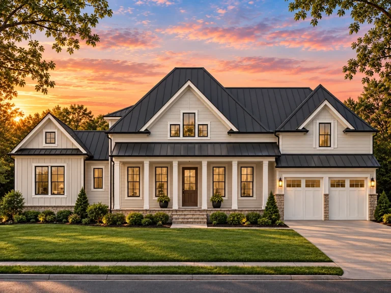 Front elevation of a New American modern farmhouse home featuring board and batten siding, covered front porch, and attached garage
