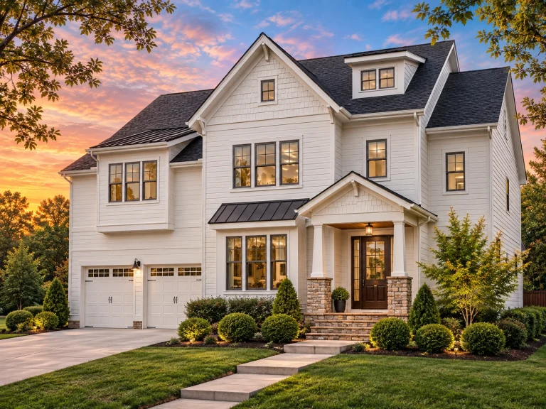 Front elevation of a Shingle Style New American home with horizontal siding, stone porch columns, steep gabled rooflines, and covered front entry