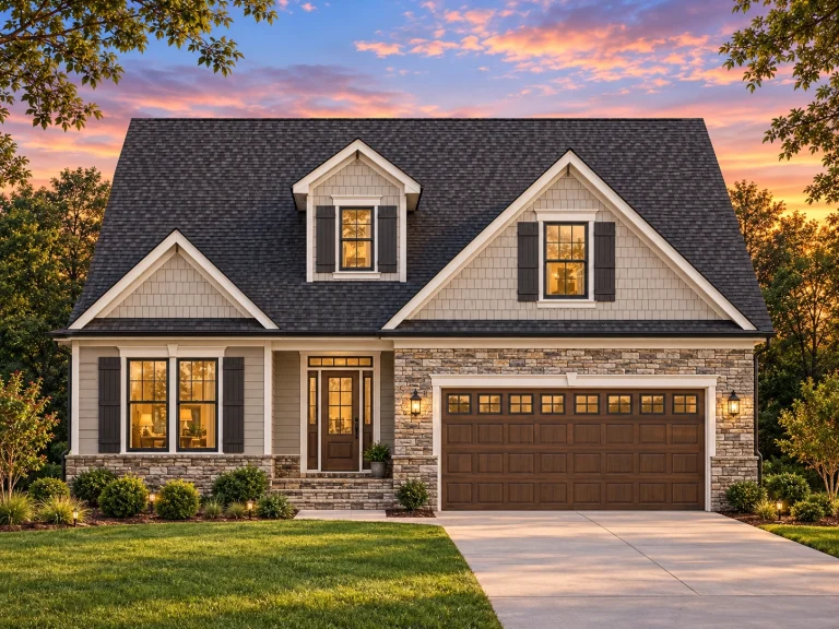 Front elevation of a New American Cape Cod style home featuring shingle siding, stone exterior details, dormer windows, and attached two-car garage
