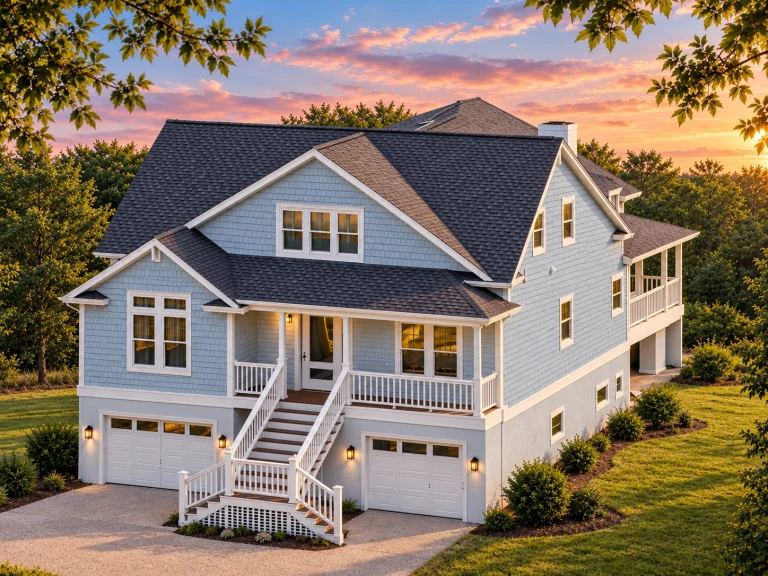 Front elevation of a Modern Farmhouse style home with horizontal siding, stone foundation, black-framed windows, and dual front-entry garages beneath an elevated porch