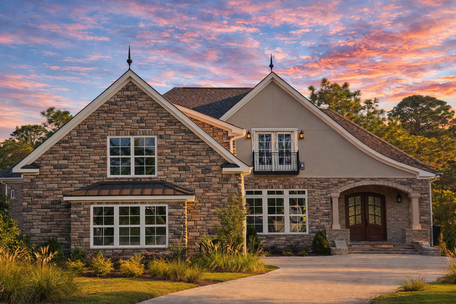 Front elevation of a French Country style home featuring stone exterior, steep gabled rooflines, arched entry, and refined European detailing