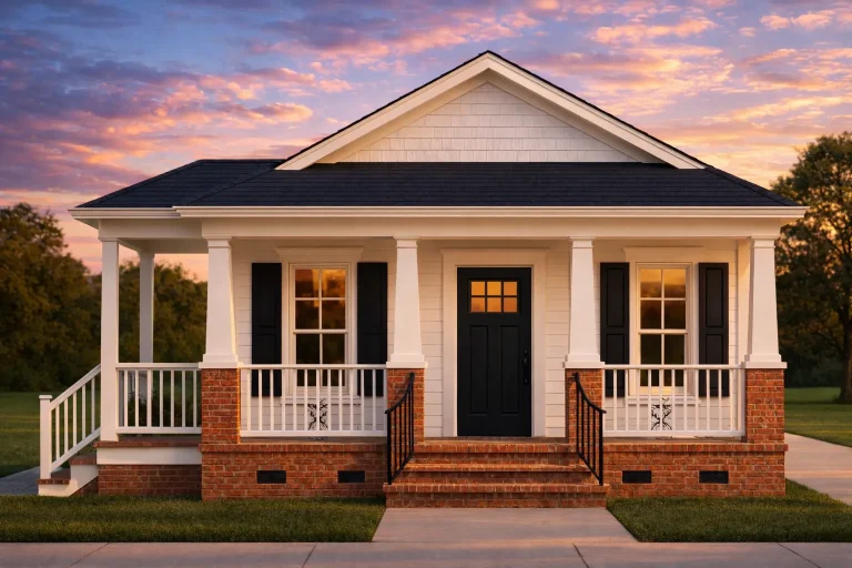 Front elevation of Colonial Revival home with white lap siding, brick foundation, black shutters, and full-width covered front porch