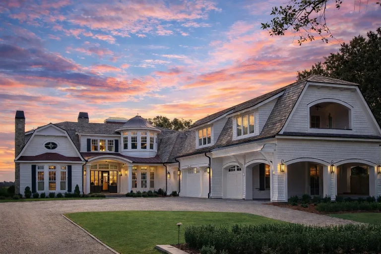 Front view of a Shingle Style Coastal home featuring classic shingle siding, natural wood roofing, arched dormers, white trim, and symmetrical architecture