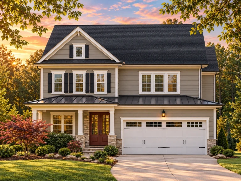 Front elevation of a New American Modern Traditional house with lap siding, board-and-batten gables, covered porch, and attached garage