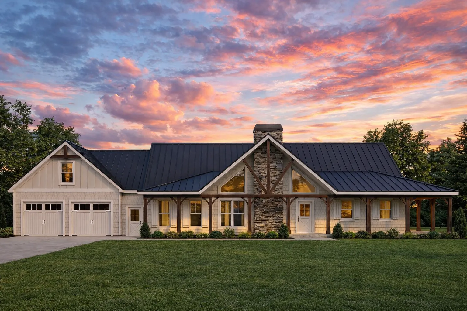 Front elevation of a modern farmhouse featuring board and batten siding, stone accents, gable rooflines, and large glass windows for natural light.