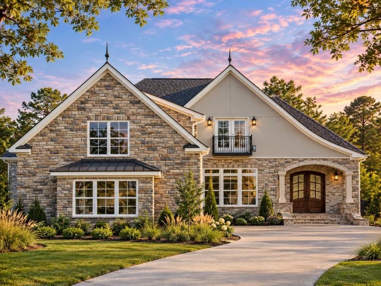 Front elevation of a French Country style home featuring stone exterior, steep gabled rooflines, arched entry, and refined European detailing
