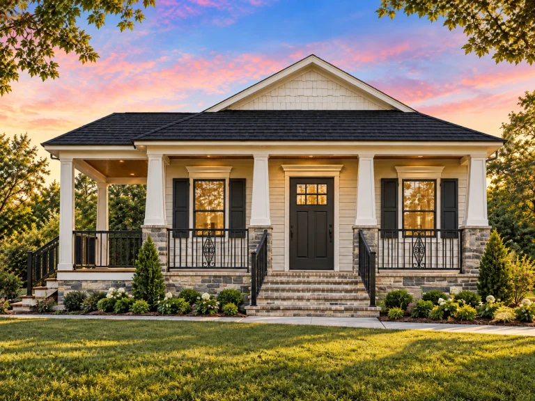 House Plans with Spacious Laundry Room 23 Front elevation of Colonial Revival home with white lap siding, brick foundation, black shutters, and full-width covered front porch
