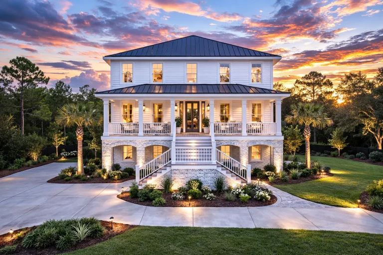 Front elevation of a luxury Coastal Traditional home with double wraparound porches, white lap siding, brick foundation, and standing seam metal roof