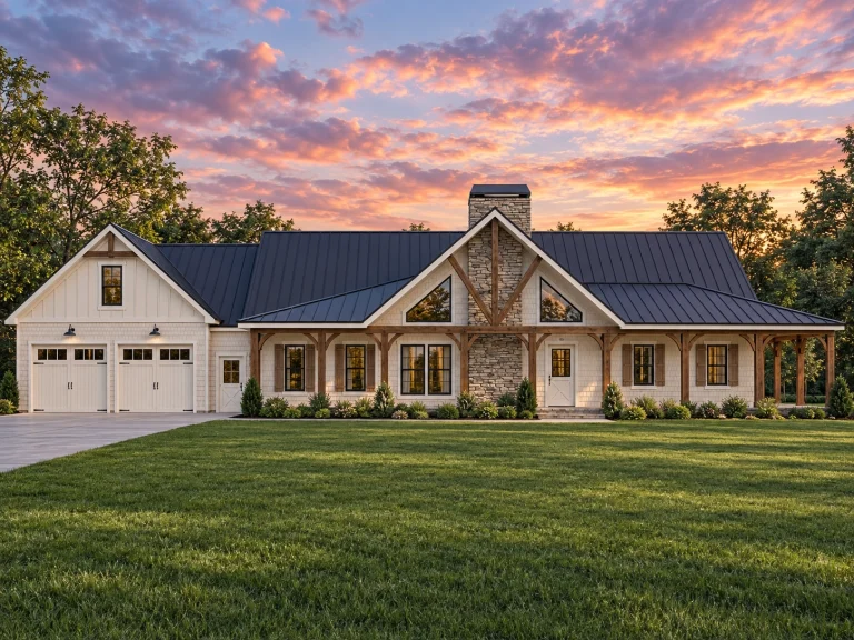 House Plans with Walk-In Pantry 2 Front elevation of a modern farmhouse featuring board and batten siding, stone accents, gable rooflines, and large glass windows for natural light.