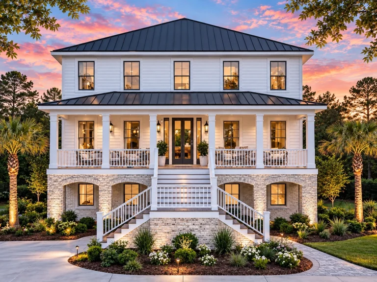 Front elevation of a luxury Coastal Traditional home with double wraparound porches, white lap siding, brick foundation, and standing seam metal roof
