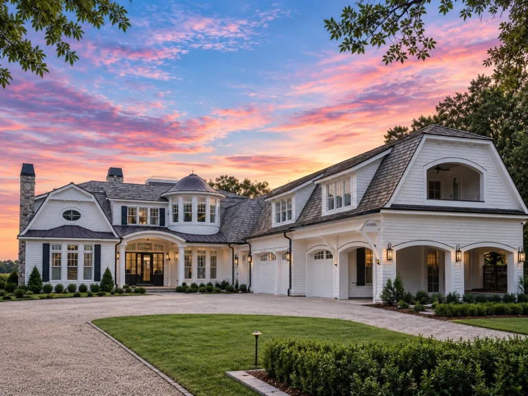 Front view of a Shingle Style Coastal home featuring classic shingle siding, natural wood roofing, arched dormers, white trim, and symmetrical architecture