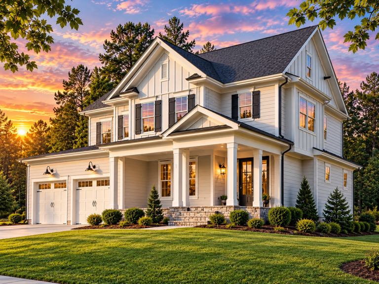 Front elevation of a New American style two-story house featuring board and batten siding, lap siding, symmetrical windows, and a covered front porch