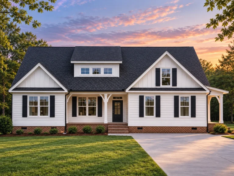 House Plans with Walk-In Pantry 14 Front elevation of a Modern Farmhouse style home featuring white horizontal siding, board-and-batten accents, black trim, and a brick foundation
