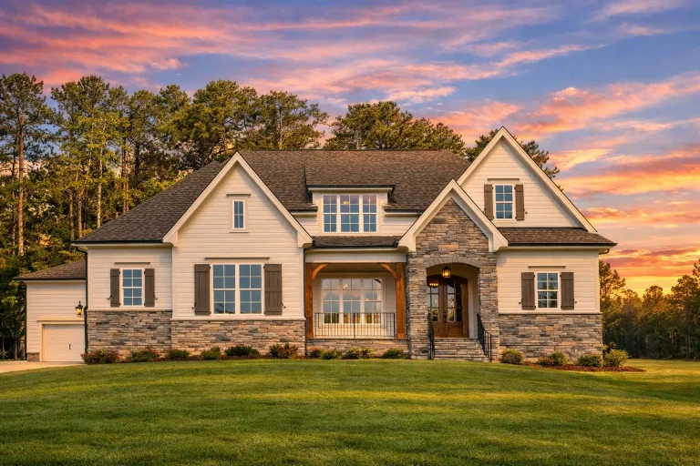 Front elevation of a Transitional Farmhouse home featuring stone veneer, board-and-batten, horizontal siding, and classic suburban gables