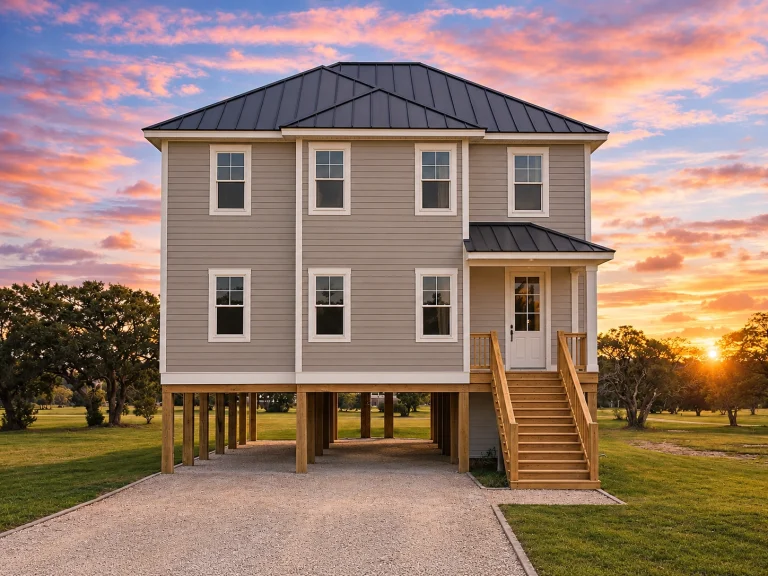 Front elevation of a Coastal Low Country style home with elevated foundation, double stacked porches, white siding, and symmetrical Southern architecture