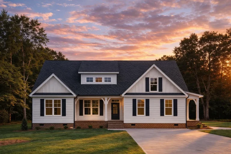Front elevation of a Modern Farmhouse style home featuring white horizontal siding, board-and-batten accents, black trim, and a brick foundation