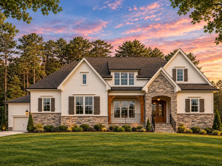 Front elevation of a Transitional Farmhouse home featuring stone veneer, board-and-batten, horizontal siding, and classic suburban gables
