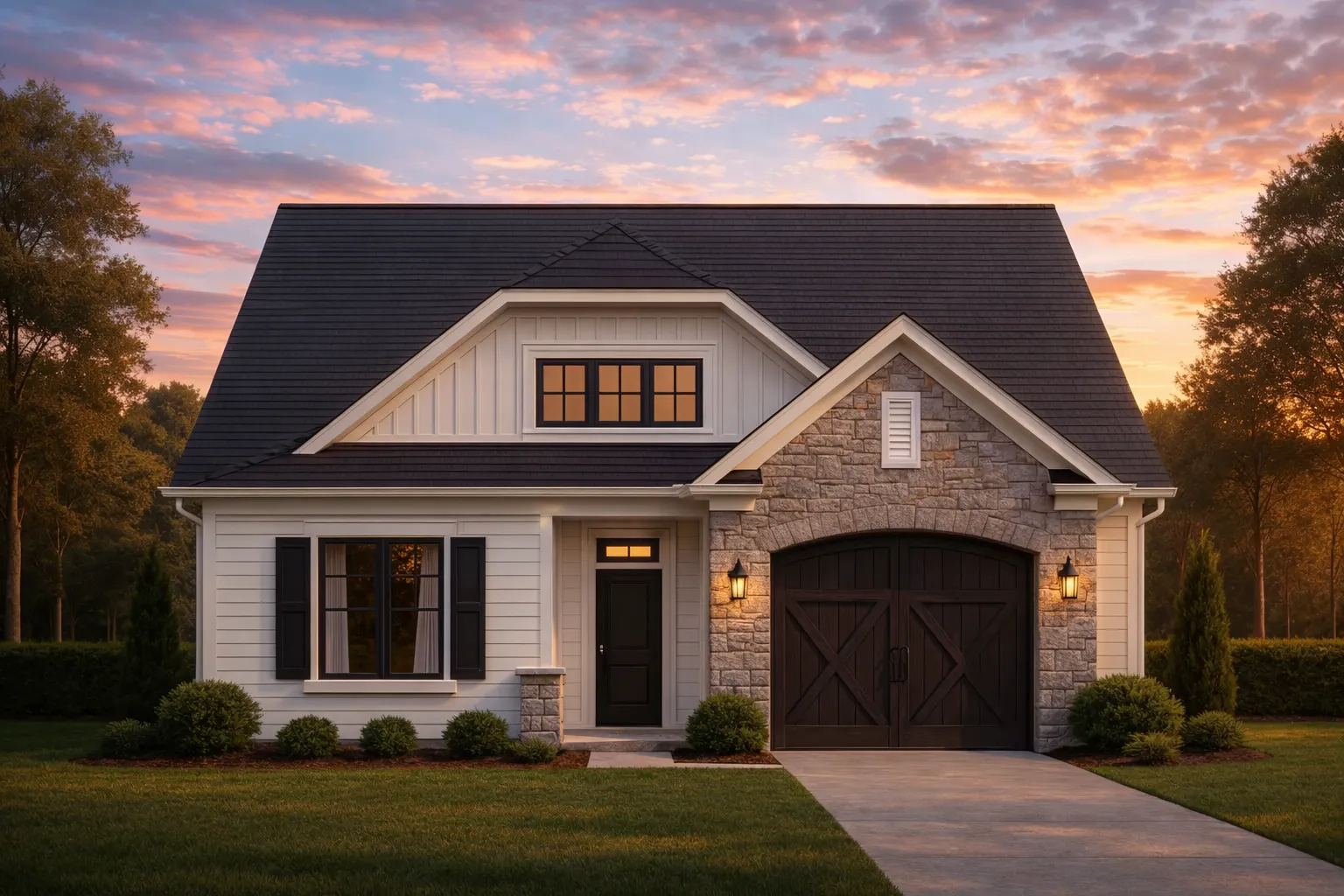 7 Bedroom House Plans 23 Front elevation of a Traditional Craftsman style home featuring stone façade, horizontal siding, shake gable accents, and a single-car garage with wood doors