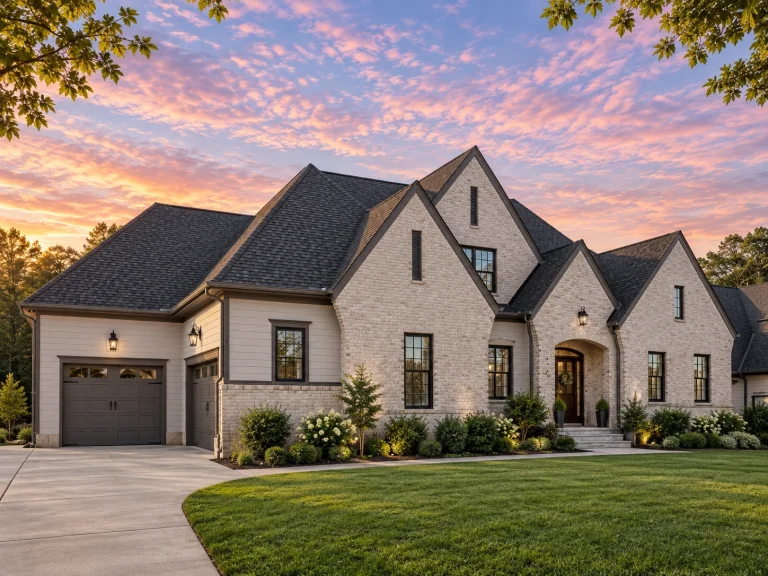 Simple House Plans 16 Front elevation of a New American style home with light brick exterior, steep gables, black windows, and balanced modern traditional architecture