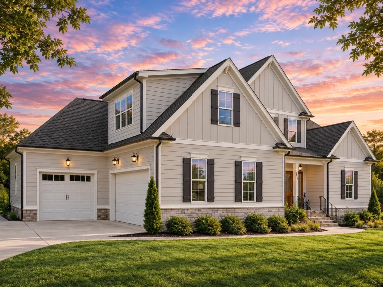 Front elevation of a modern farmhouse style home featuring white board and batten siding, stone accents, black windows, and a welcoming covered front porch