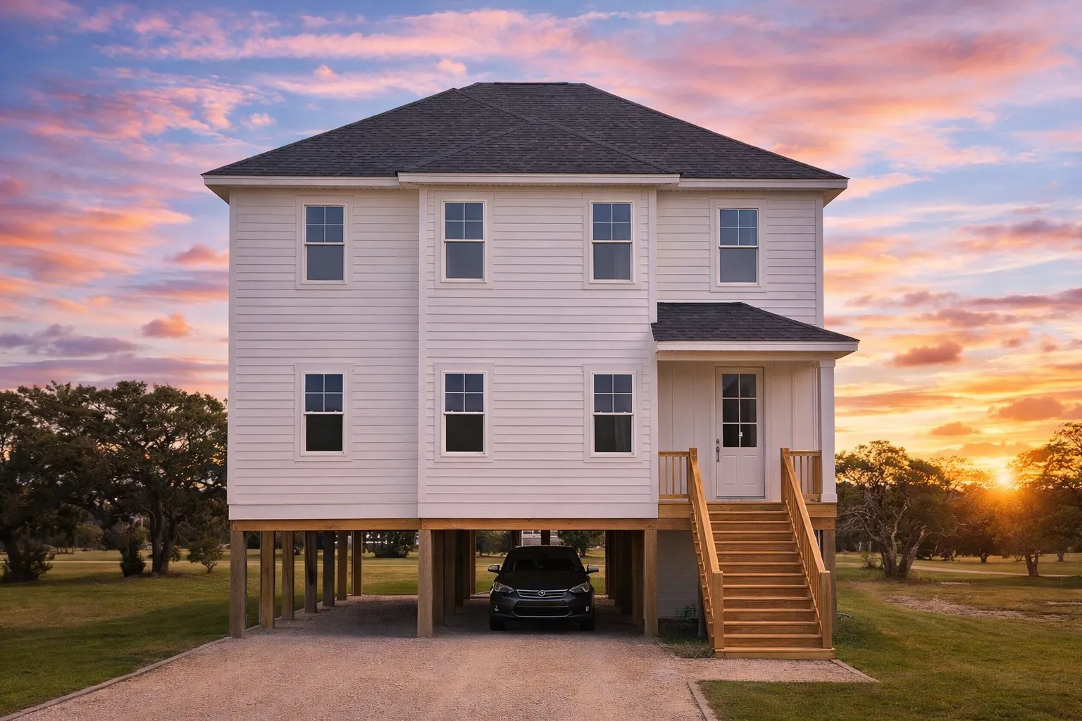 Front elevation of a Coastal Low Country style home with elevated foundation, double stacked porches, white siding, and symmetrical Southern architecture