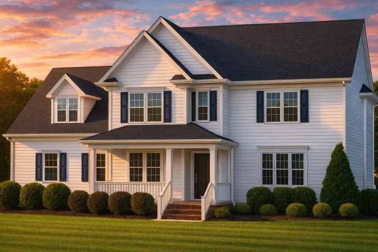 Front view of a two-story Traditional Colonial home with tan horizontal lap siding, black shutters, white trim, and a welcoming covered porch entrance
