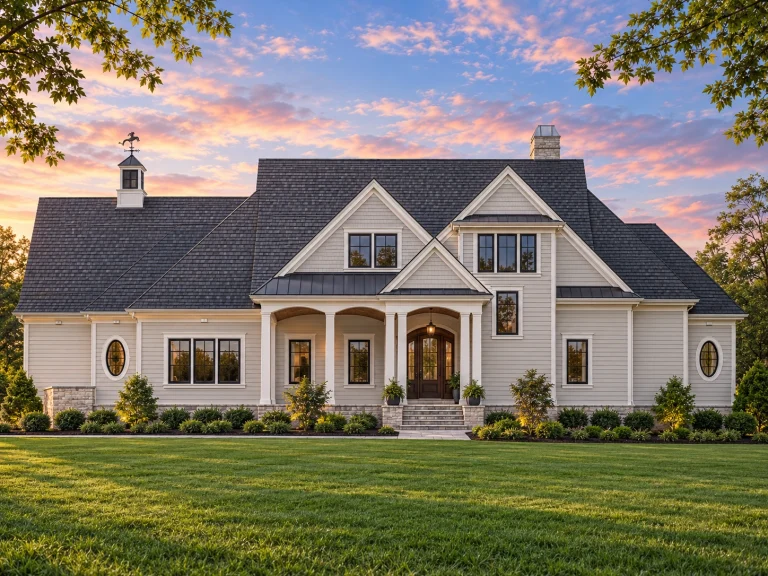 Front elevation of Modern Farmhouse style home with board and batten siding, brick accents, gabled rooflines, and covered porch