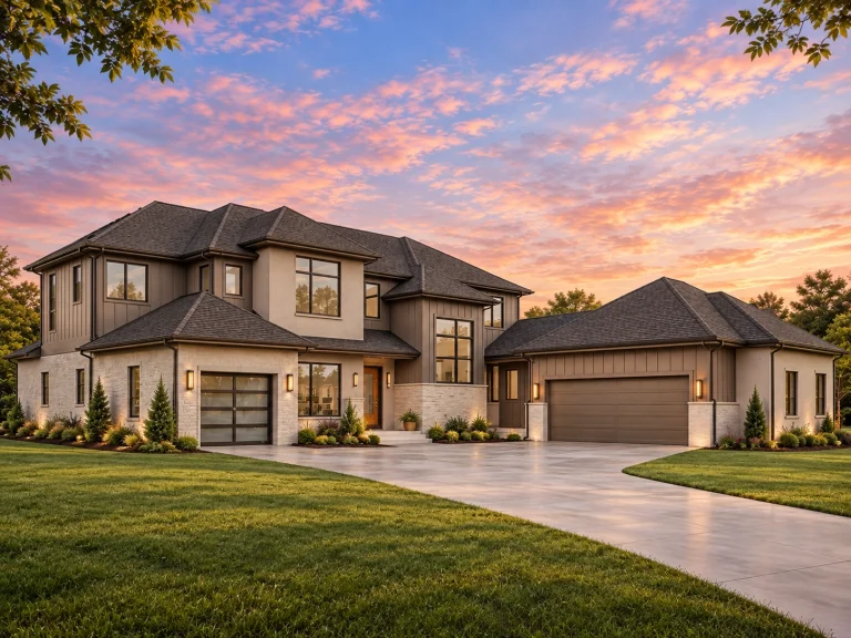 Front exterior of a Modern Traditional luxury home with board and batten siding, stucco accents, dark windows, and a three-car garage