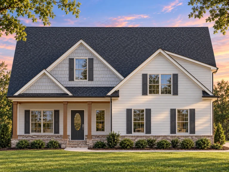 Front view of a Traditional Colonial style house with blue horizontal lap siding, shingle gables, white trim, and a brick foundation accent