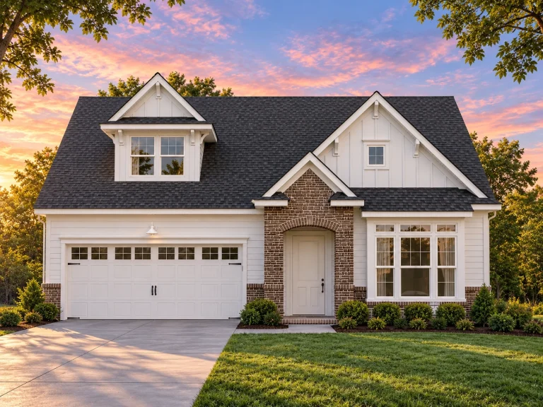 Front view of a Traditional Cottage style house featuring stone veneer, horizontal siding, and gable detailing with dormer above the garage