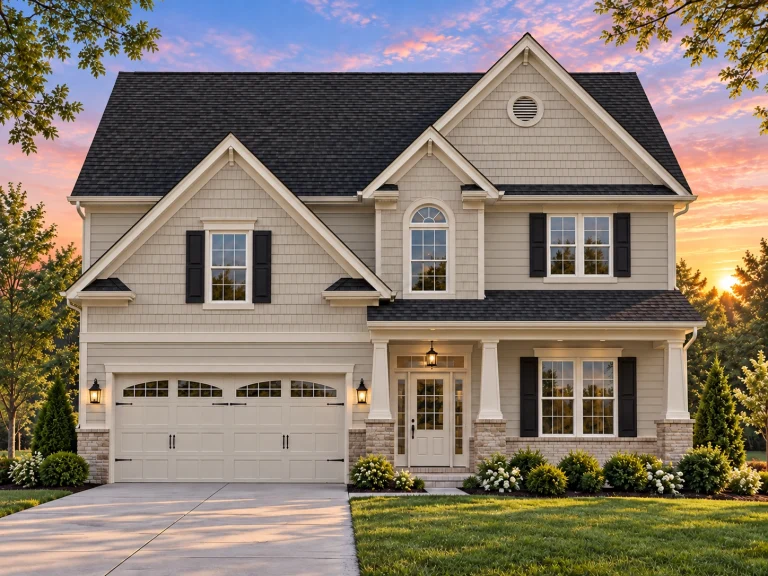 Front exterior of a New American style two-story house with horizontal siding, gabled roof, shutters, and attached garage